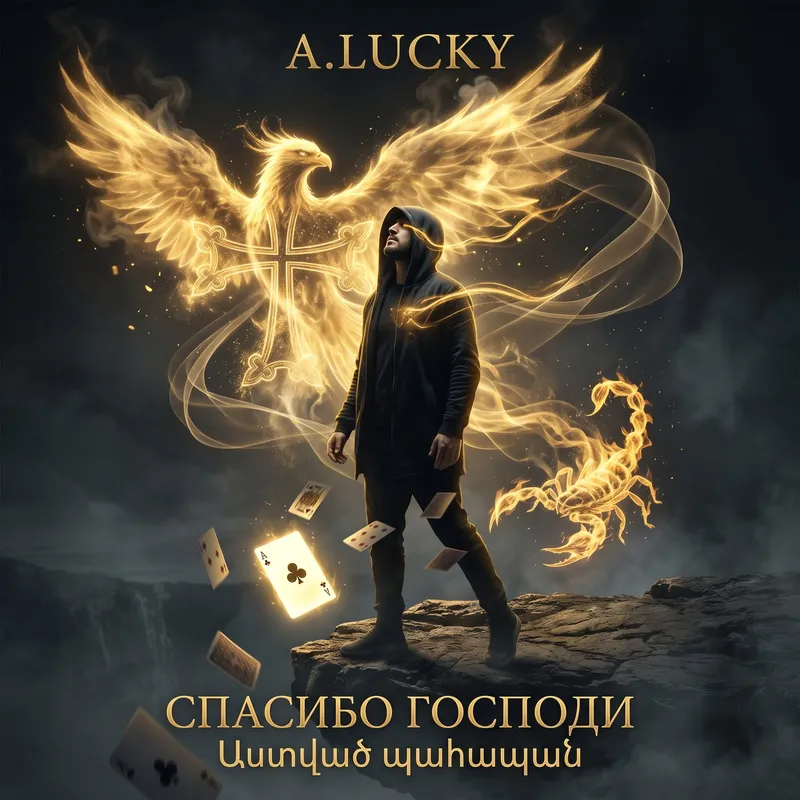 Обложка «Спасибо, Господи»: человек на краю скалы, золотой феникс с крестом и скорпион